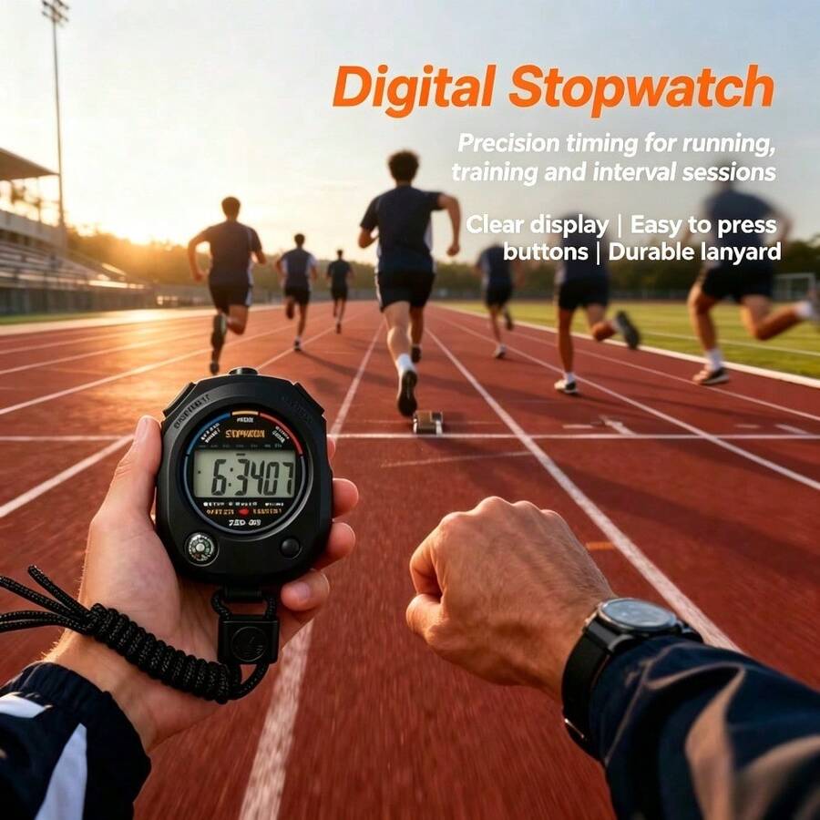 1pc Professional Digital Sports Stopwatch, Handheld Timer With Lanyard For Referee Training & Sports Timing - Black - View 1