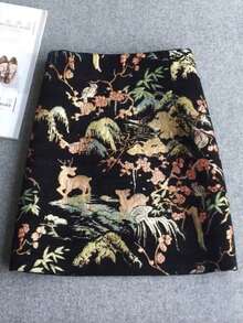 Leaf Pattern Plant Casual Elegant Autumn/Winter Vintage Embroidered Jacquard A-Line Skirt - Black - View 1