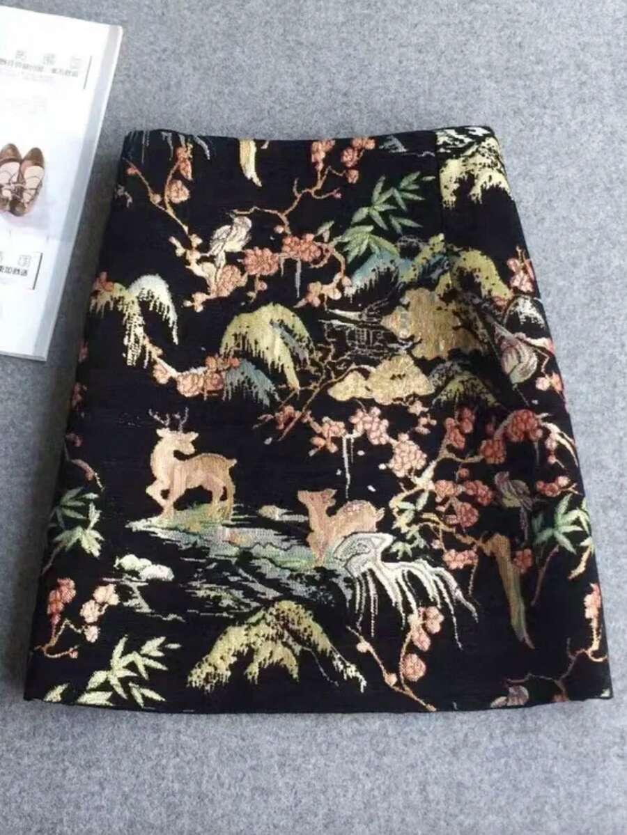 Leaf Pattern Plant Casual Elegant Autumn/Winter Vintage Embroidered Jacquard A-Line Skirt - Black - View 1