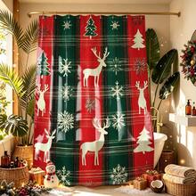1pc Christmas Print Shower Curtain, Abstract Vintage Polyester Fabric Shower Curtain With 12 Hooks, Suitable For Bathroom Or Bathtub Decoration - Multicolor - View 6