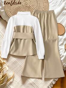 Girls' 2-Piece Preppy Style Set, 2-In-1 Long Sleeve Shirt And Flare Pants Outfit, Double-Breasted Tie Elegant Suit Set - Khaki - View 3