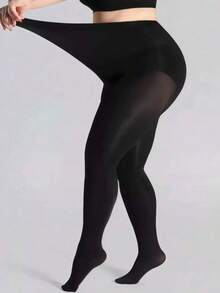 2pcs Plus Size Black High Elastic Pantyhose, Women's High Density Solid Color Shiny Glossy Stockings, Anti-Scratch, Suitable For Daily Wear - Black - View 3