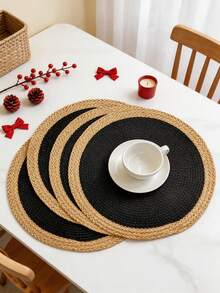 1pc/4pcs/6pcs 15-Inch Black Round Woven Placemats, Round PP Woven Placemats, Wide Paper Edge, Washable, Wipeable, Easy To Clean, Heat Resistant, Suitable For Holiday Parties, Indoor And Outdoor Daily Use - Black - View 1