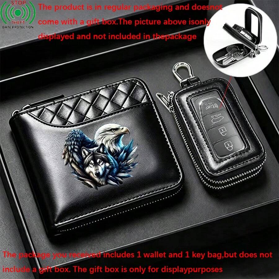 1 Men's Wallet,Men's Keybagcombinationset,Eagleand Wolf Pattern Wallet,Made Of Synthetic Leather Material,With Zipper Closure Design.Father's Day Gift - Multicolor - View 1