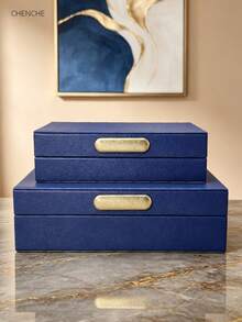 2pcs Set S & L Size Cream Litchi Grain PU Leather Jewelry Box With Lid, Gold Zinc Alloy Bar Handle, Velvet Lining Rectangular Organizer Box, Modern Luxury Vanity Bedroom Decor Holiday Gift - Power Orange - View 16