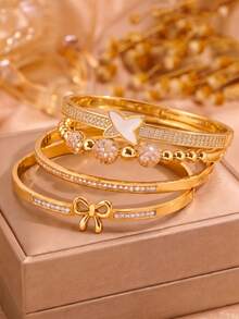 4/1pcsSweet Luxury Gold‑Tone Stainless Steel Bangle Set, Radiate Your Understated Elegance - Gold - View 9