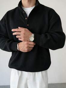 Men's Solid Color Stand Collar Half Button Polo Sweatshirt Black Henley Neck Stand Collar Autumn/Winter Casual Long Sleeve Pullover Top - Black - View 8