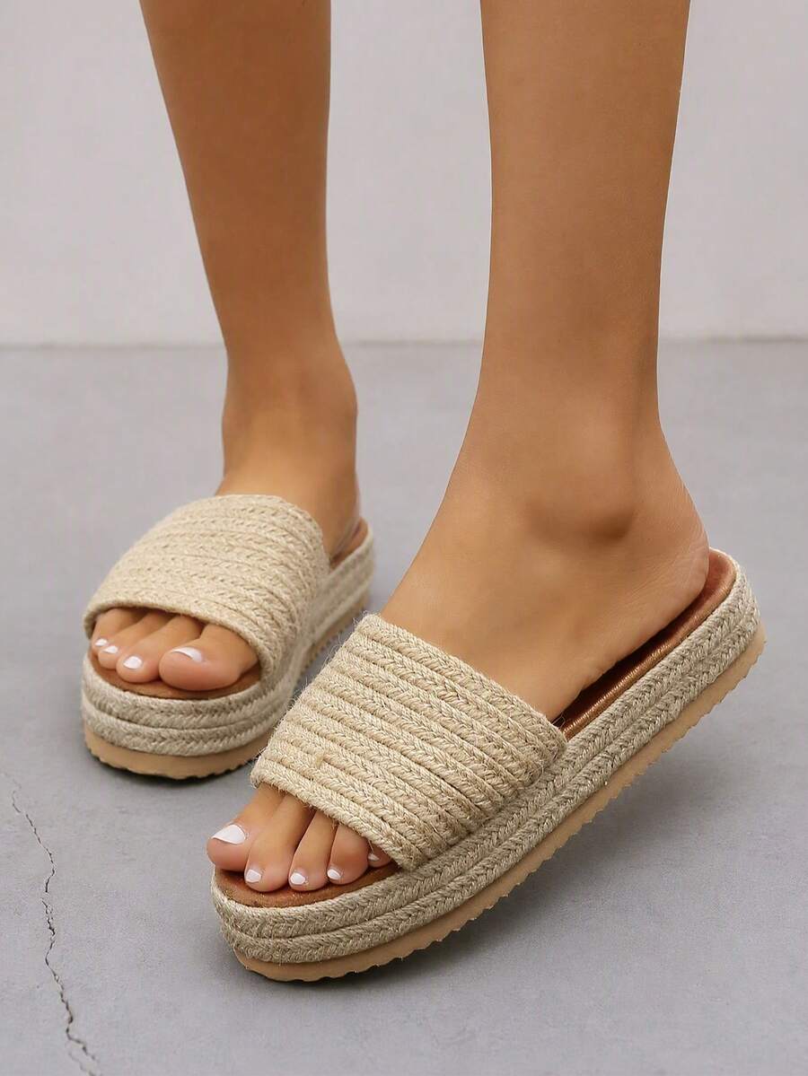 Women's Thick Bottom Slide Sandals With Woven Rope Upper, Round Open Toe Slip On Platform Wedge Heels (Random Rope Strap Quantity),Spring Summer Outfits