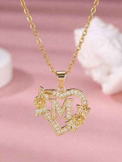 1pc Dainty Gold Tone Initial Heart Pendant Necklace With Floral Details Sparkling Accents For Girls Everyday Wear Birthday Parties Jewelry