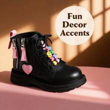 Cute Little Girl Heart Pattern Ankle Boots, Sweet Pink Detail Side Zipper Lace-Up Non-Slip Thick Sole Combat Boots, Suitable For Autumn/Winter - Black - View 2