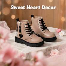 Sepatu bot pendek motif hati untuk anak perempuan yang imut, detail warna pink manis, resleting samping, tali pengikat, sol tebal anti selip, cocok untuk musim gugur/musim dingin. - Khaki - View 3