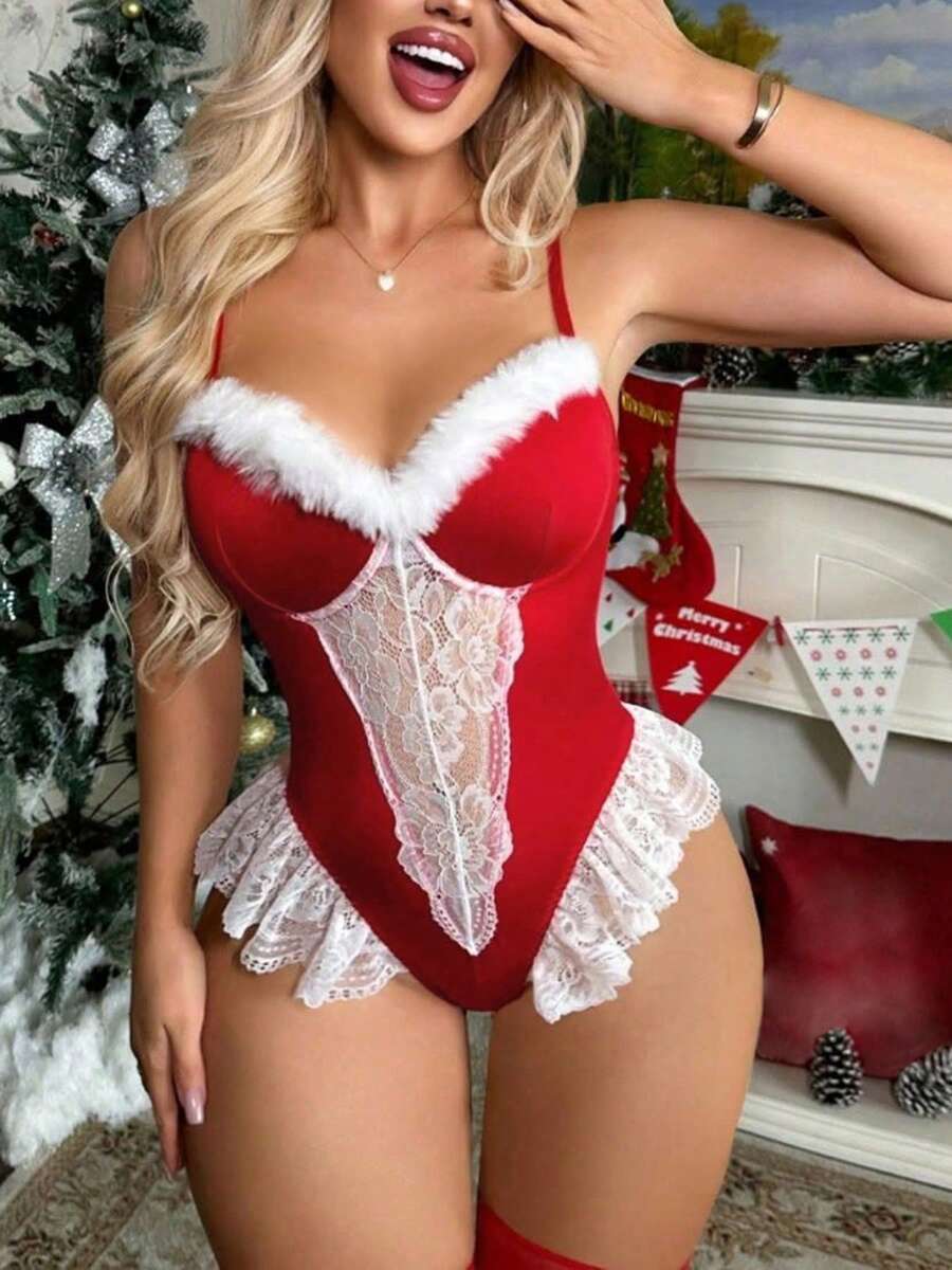 Charming Women's Santa-Inspired Bodysuit, Red Polyester Cami With White Faux Fur Neckline, Delicate Contrast Lace Detail, Ideal For Holiday Occasions - Red - View 1
