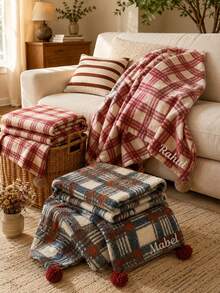 1pc Personalized Monogram Embroidered Throw Blanket, Custom‑Text Vintage Plaid Grid Household Blanket, Distinct Plaid Print With Pom‑Pom Ball Trim, Three Color Selections, Holiday Gift For Bedroom, Living Room And Household Space Display - Multicolor - View 3
