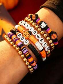 7 Pieces Of European And American Halloween Pumpkin Soft Pottery Bracelet Punk Gothic Style Layered Letter Jewelry - Multicolor - View 5