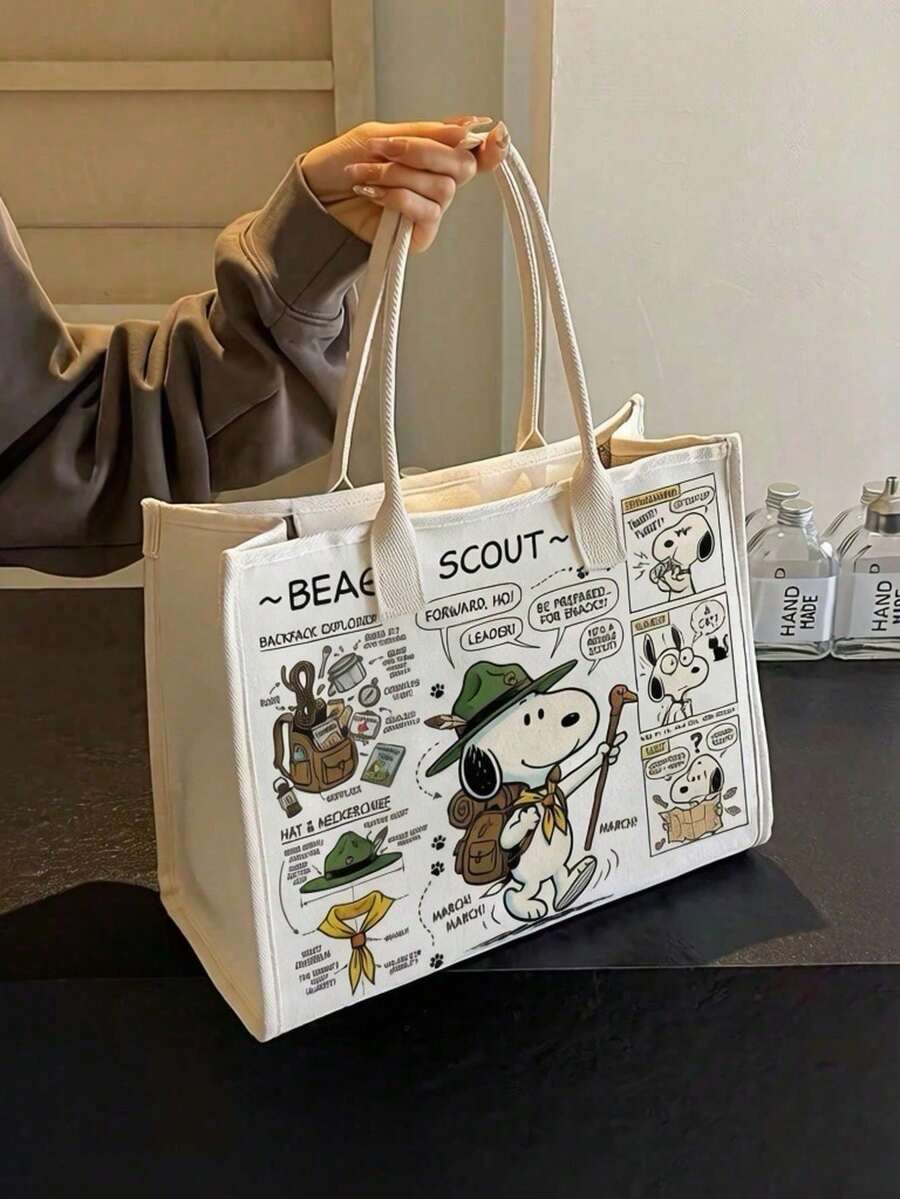 1pc Snoopy Striped Canvas Tote Bag, Large Capacity Shoulder Bag, Cute Multifunctional Handbag, Suitable For Work, Casual, Travel, School, Birthday, Valentine's Day, Mother's Day Gift - A - View 1