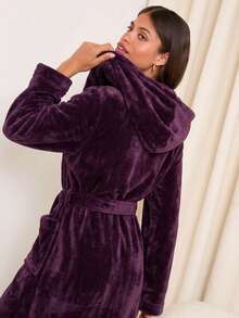 1pc Elegant Luxury Women's Long Flannel Hooded Bathrobe, Multi-Color, Suitable For Spring, Autumn And Winter, Comfortable For Home And Leisure - Purple - View 3
