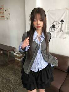Korean Style Schoolgirl Striped Patchwork Versatile Slimming Ruffle Trim 2 In 1 Shirt Blouse - Picture Color - View 7