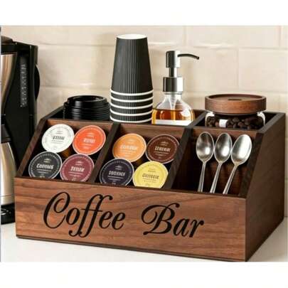 1 ชิ้น กล่องเก็บกาแฟไม้ 5 ช่อง, ที่จัดระเบียบบนเคาน์เตอร์สไตล์วินเทจชนบท, เหมาะสำหรับแคปซูลกาแฟ, ถ้วยกาแฟ, ช้อน และอุปกรณ์เสริม, ตกแต่งสถานีกาแฟสไตล์ฟาร์มเฮาส์ในครัว