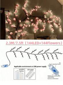 1 Cherry Blossom Branch LED Light, USB Powered, 144 LED/96 LED/72 LED, 8 Flashing Modes, Soft And Bendable, Suitable For Indoor And Outdoor, Living Room, Bedroom, Wall, Wedding Decoration, Party Atmosphere Light, Valentine's Day, Birthday And Graduation Gift - Multicolor - View 12