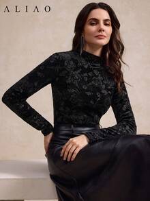 ALIAO Women's Solid Color Embossed Velvet Long Sleeve Top, Elegant Daily & Date Style, Autumn/Winter - Black - View 4