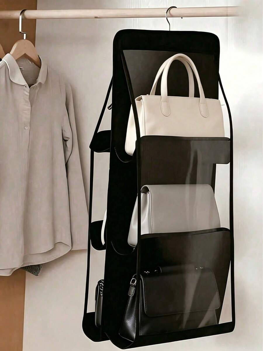 1pc Hanging Bag Organizer With Transparent Pockets, Closet Storage, Suitable For Handbags, Bags, Clothes, Pants, Shoes, Skirts, Bedroom Decor - B - View 1