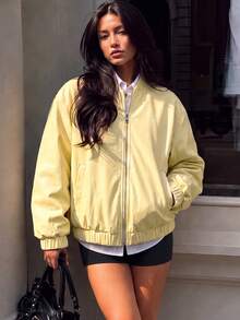 Women Pale Yellow Faux Leather Cropped Bomber Jacket, Baseball Collar Zip Front Rib Cuff & Hem Long Sleeve Outerwear- - Yellow - View 4