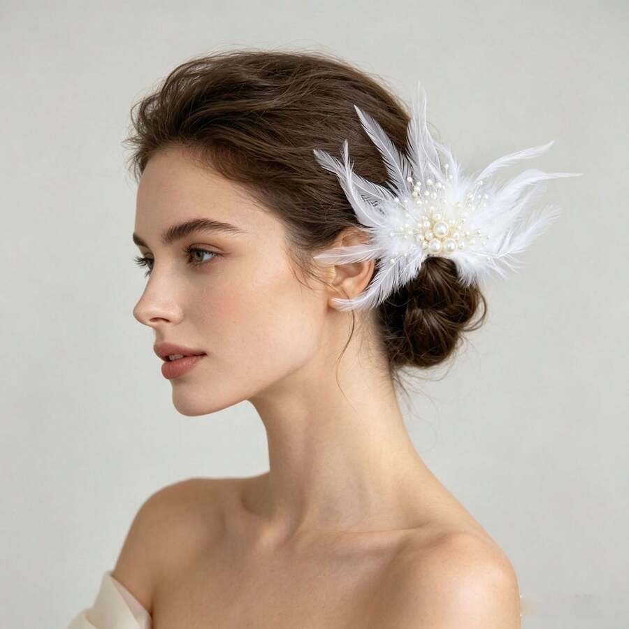 1pc Bridal Hair Accessory Feather Faux Pearl Handmade Hair Comb For Party Wedding - Silver - View 1