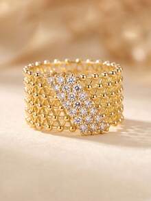 Gift Box Style Luxurious Gold Geometric Wide Band Ring, Inlaid With Cubic Zirconia And Beaded Edge, High-End Fashion Jewelry, Suitable For Women's Party Or Wedding Gift - Gold - View 15