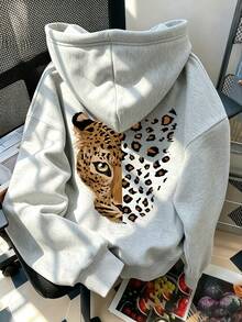 Women's Hooded Sweatshirt, New Autumn/Winter Leopard Print & Leopard Pattern Graphic, Drawstring Design, With Pockets, Casual Versatile Loose Fit Top, Fashion Daily Wear - Dark Gray - View 8