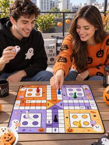 1pc Halloween Square Polyester Ludo Board Game Mat, Colorful 4-Player Game Board With Pumpkin, Ghost, Bat, Candy, Witch & Black Cat Prints, START/HOME Track Design, Includes 1 Bag Of Game Pieces, For Halloween Party & Family Games - Multicolor - View 7