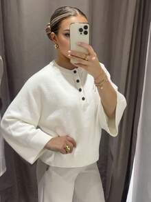 Fashionable White Round Neck Ribbed Knit Raglan Sleeve Women's Sweater, Long Sleeve Pullover, Suitable For Vacation And Holiday, Autumn/Winter Wear - White - View 2