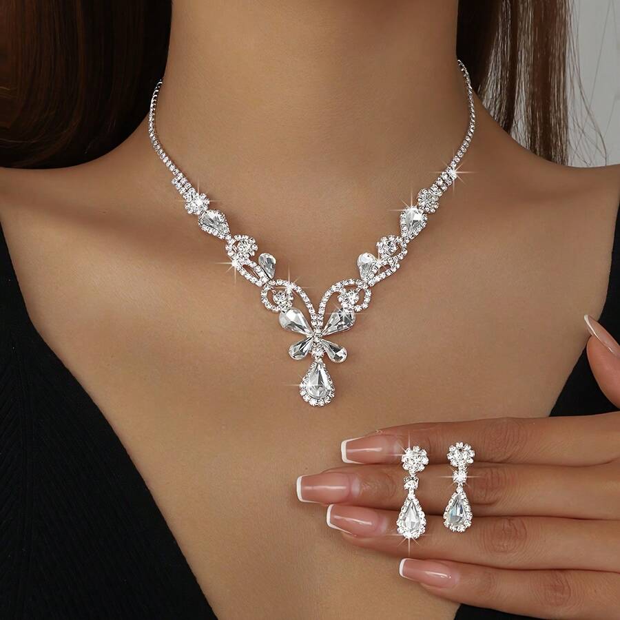 2pcs Silver Necklace + Earrings Set, Pink Crystal Jewelry, Floral Design, Wedding Party Accessories, Christmas & Valentine's Day Gift - Silver - View 1