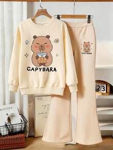 2pcs/Set Girls' Crew Neck Sweatshirt And Flare Pants Set, Printed With Milk Tea Capybara Pattern, Suitable For Autumn/Winter Daily Wear - Multicolor - View 2