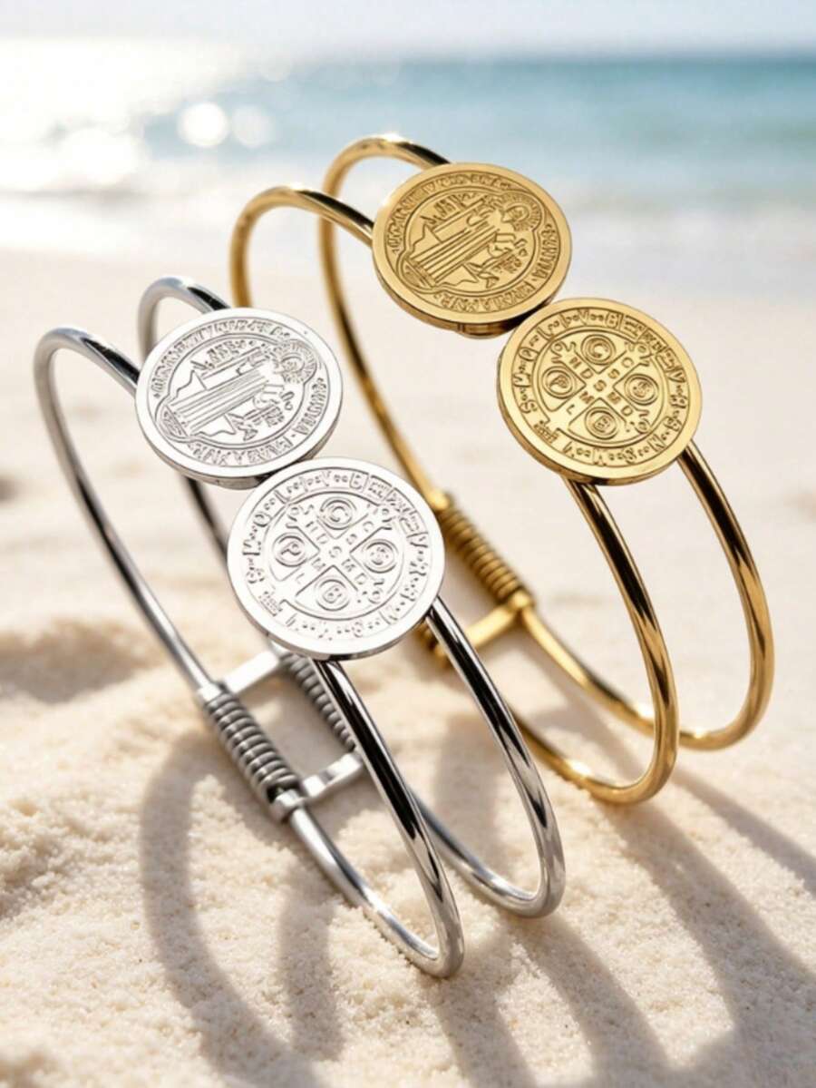 1PC New Fashionable Retro Catholic Saint Benedict's Bible Bracelet, Fashionable Round Religious Jewelry, Stainless Steel Material - Fashion - View 1