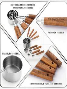 8‑Piece Stainless‑Steel Measuring Cup And Spoon Set With Engraved Markings On Wooden Handles, Stackable Or Hangable For Storage, For Precise Measurements In Baking, Cooking And Coffee Seasoning - Silver - View 3