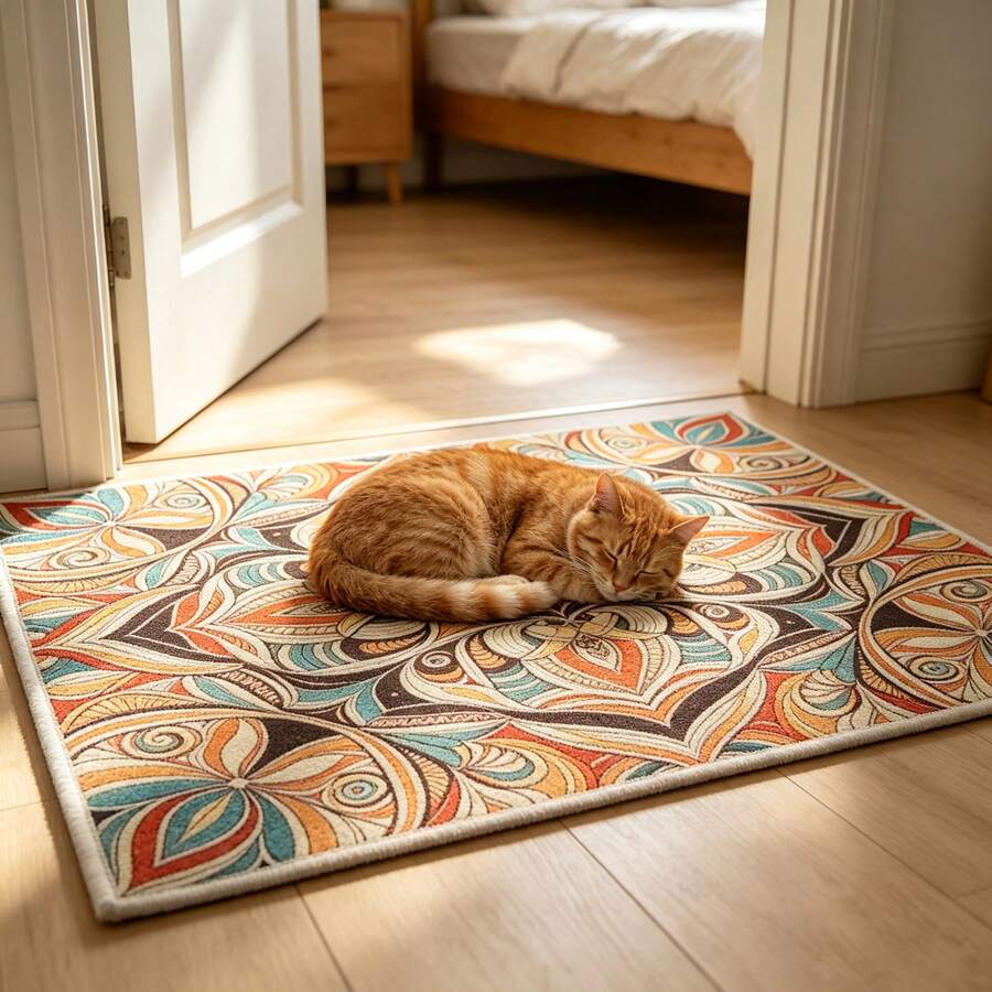 1pc Gold Diamond Velvet Bohemian Area Rug With Colorful Symmetric Design, Soft Wipeable Easy Care Pet Friendly Mat, Rugs For Kitchen Rugs For Dorm Room Bathroom Rugs, Mats Bedroom Home Decor Accessories - Multicolor - View 1