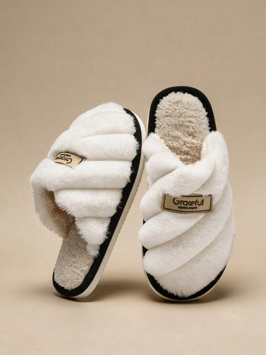 Unisex Pineapple Plaid Colorblock Patchwork Autumn/Winter Indoor Home Slippers, Non-Slip Warm Comfortable Slip-On Fuzzy Slippers - White - View 1
