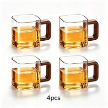 Square Glass Mugs With Wood Handle, Clear Square Glass Tea Cups, 2/4 Pcs Heat‑Resistant Glass Drinking Mugs For Coffee Tea Beverage, Home Kitchen Drinkware - View 1