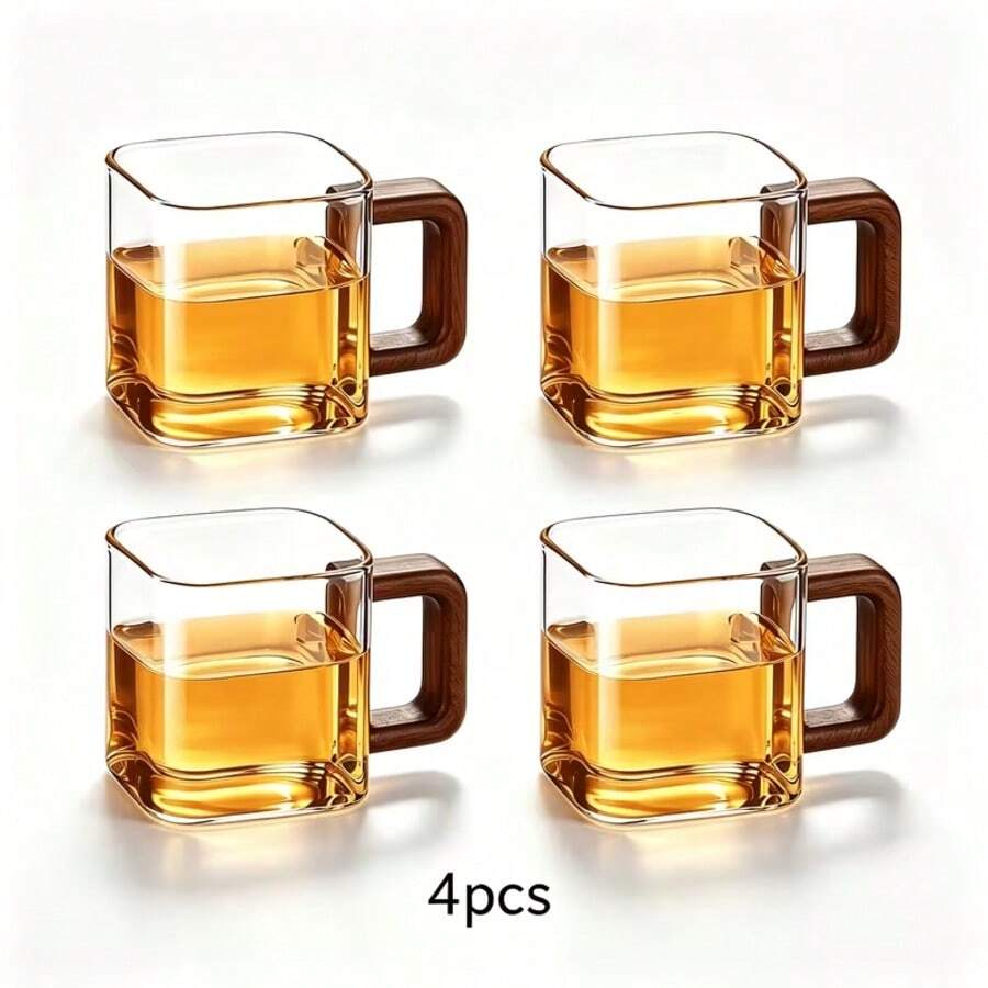 Square Glass Mugs With Wood Handle, Clear Square Glass Tea Cups, 2/4 Pcs Heat‑Resistant Glass Drinking Mugs For Coffee Tea Beverage, Home Kitchen Drinkware - View 1