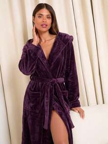 1pc Elegant Luxury Women's Long Flannel Hooded Bathrobe, Multi-Color, Suitable For Spring, Autumn And Winter, Comfortable For Home And Leisure - Purple - View 4