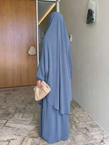 2件組祈禱阿巴雅套裝附希賈布，彈性袖口端莊穆斯林女裝，全遮蓋伊斯蘭禮拜服 - 42#霧霾藍 - 查看 2