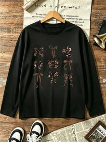 Kaos Lengan Panjang Leher Bulat Motif Pita Leopard Ukuran Besar, Atasan Kasual Musim Gugur yang Lucu untuk Wanita - Hitam - View 2