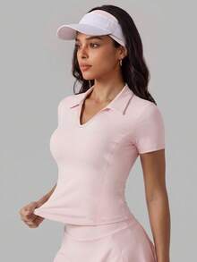VUTRU Slim Fit Polo Collar Short Sleeve Solid Color V-Neck Sports T-Shirt For Running And Fitness - Baby Pink - View 4