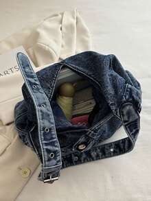 Shoulder Bag, Patchwork Pocket Details Add Design Sense, Adjustable Shoulder Strap Supports Shoulder And Crossbody Carrying. Large Capacity Interior Can Store Various Personal Items, Bag Shape Is Casual And Relaxed, Suitable For Daily Commute, Shopping And Travel, Easily Create A Casual And Relaxed Outfit Style. - Blue - View 5