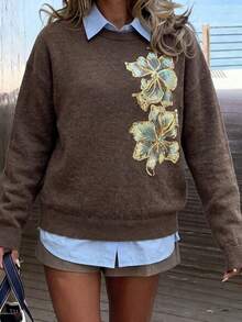 Women's Loose-Fit Sweatshirt With Floral Embroidery-Perfect For Autumn, Winter, And The Back-To-School Season. - Brown - View 10