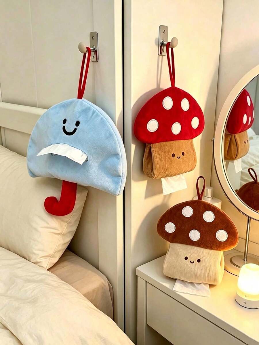 1pc/10pcs Fun Fabric Hanging Tissue Box, Mushroom Shape, Embroidered Face Pattern And Hanging Rope, Tissue Dispenser, Wall-Mounted Tissue Storage Bag, Bedroom Dorm Home Indoor Daily Decoration, Room Decor, Bedroom Decor