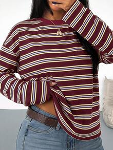 SDNGED Women's Casual Top, Striped Color Block Ribbed Fabric, Everyday Wear Spring/Autumn, Effortless Style - Redwood - View 4