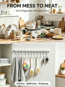 No-Drill Sliding Hook Storage Bar, Flexible Adjustable Hook Position, Wall-Mounted Multi-Function Storage Rack, Suitable For Kitchen Cabinet Doors, Organizes Various Cooking Tools And Kitchen Utensils, Practical Storage Organizer For Home And Student Dorms - View 7