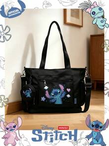 Miniso Disney Stitch 可愛愛心與星星卡通印花托特包 2 件組，附零錢包，適合工作、旅行、購物與日常使用 - 黑色 - 查看 2