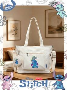 Miniso Disney Stitch 與 Malia 文字與星星卡通印花托特包 2 件組附零錢包，適合工作、旅行、購物與日常使用 - 白色 - 查看 2